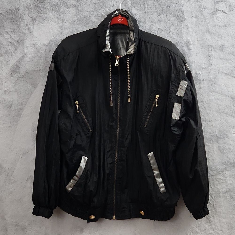 *Vintage Reversible Black Metallic Windbreaker Jacket Full Zip Oversized - Picture 1 of 11